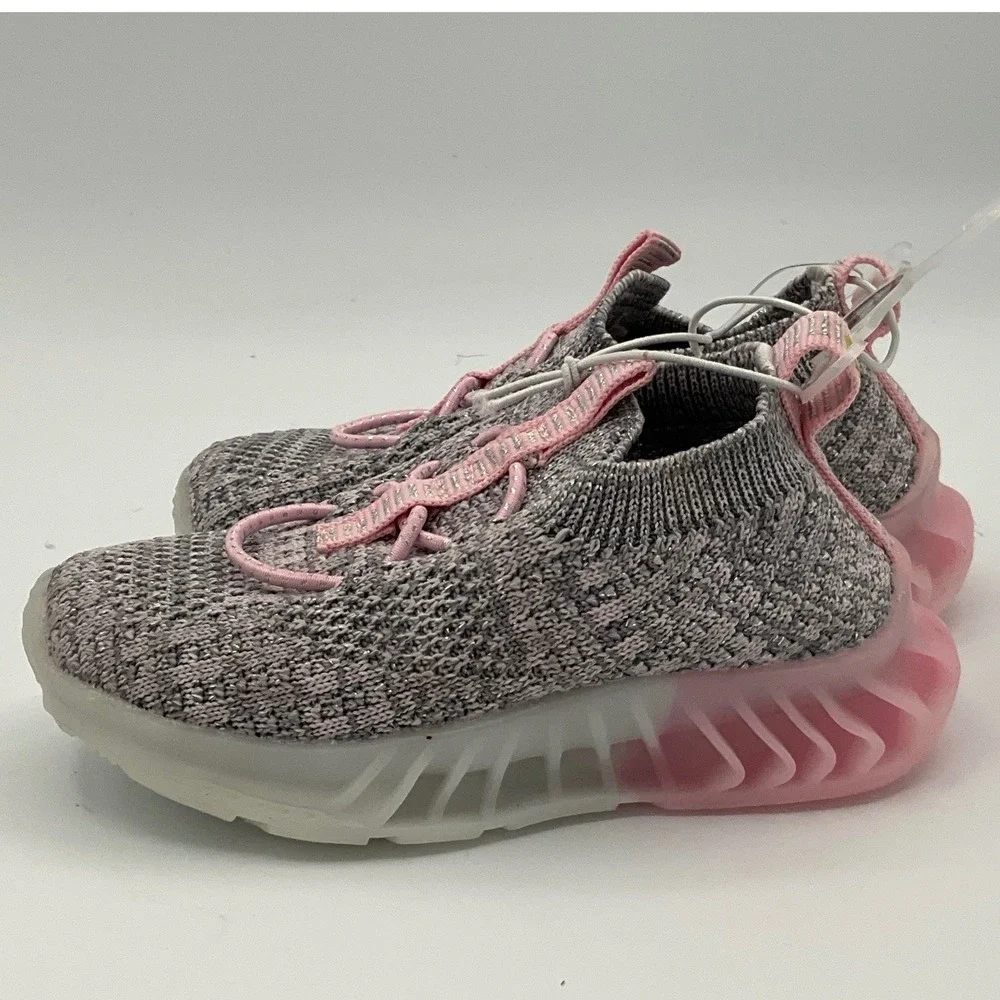 First Steps Toddler Girls Grey Pink Knit Slip On Sneakers Size 4 9-12 Months